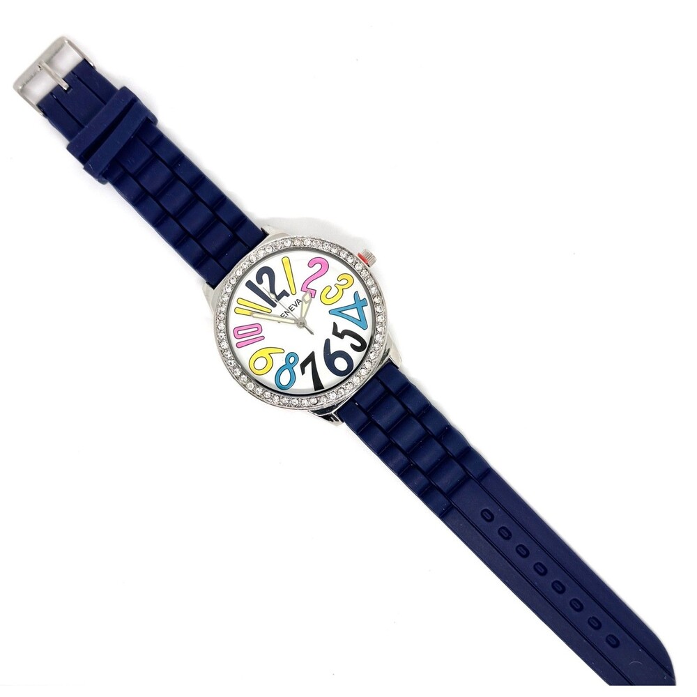 Geneva Ladies Watch Rhinestone Face Navy Blue Silicone Band #1161